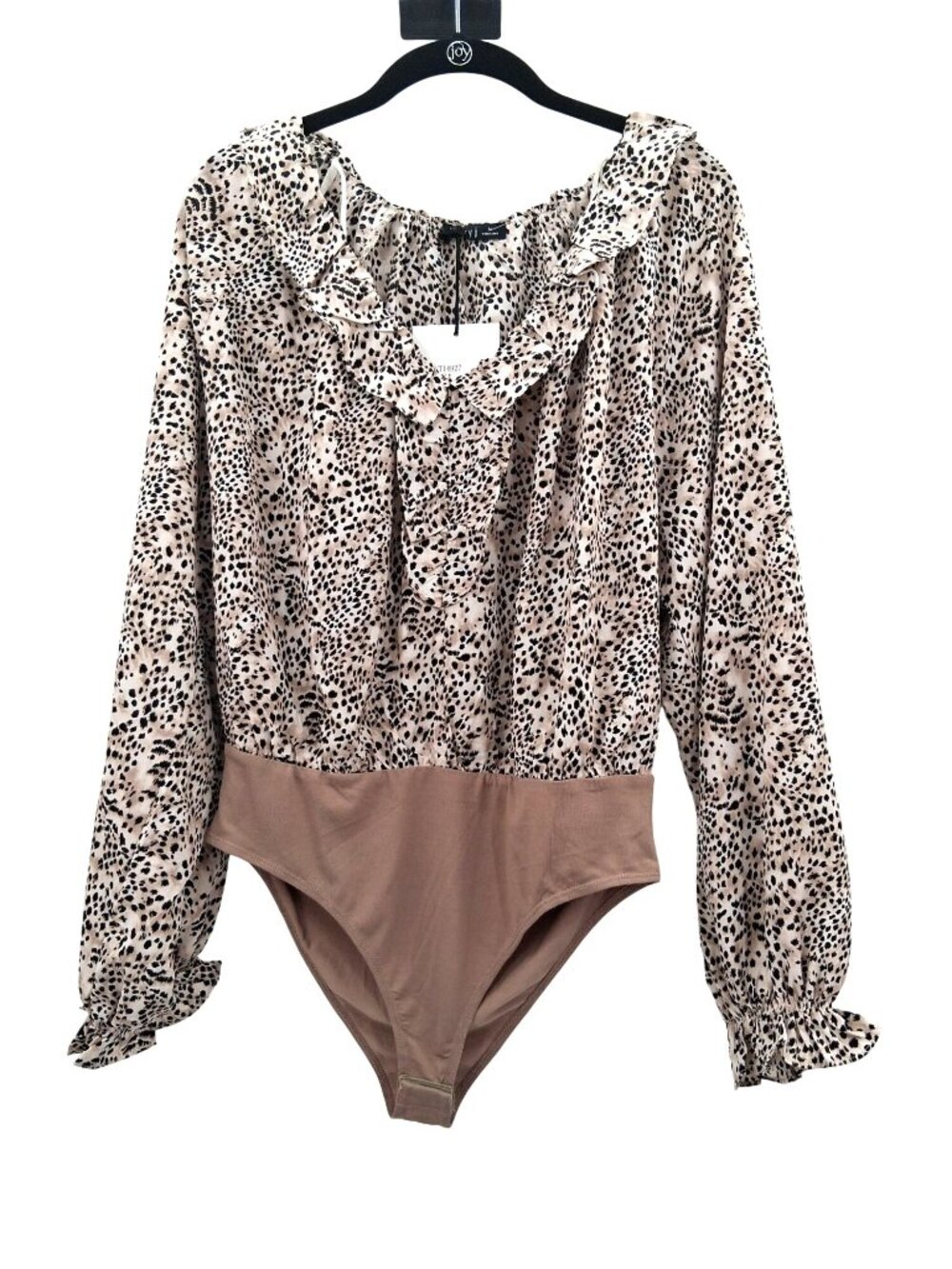 Very J Taupe Animal Print Long Sleeve Ruffle Bodysuit Size Medium NWT